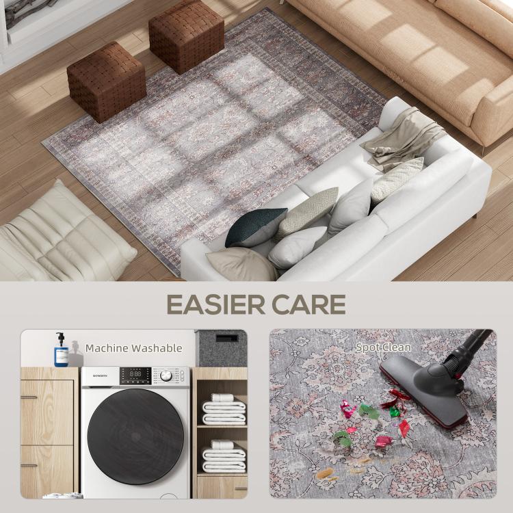 Grey and brown traditional floral area rug with non-slip look on the floor