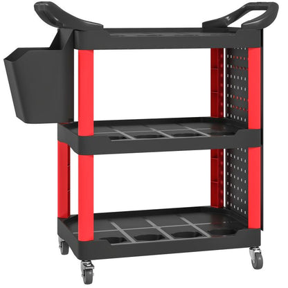 3-tier rolling tool cart with side shelf, storage bin, and perforated panel sides in black/red