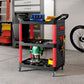 Black/red 3-tier rolling tool cart with side handles, perforated side panels, and open shelves