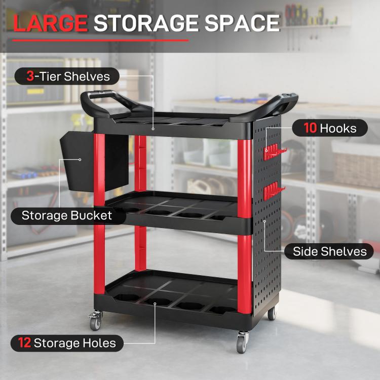 Black/red 3-tier tool cart featuring storage bucket, side shelves, and three level shelves