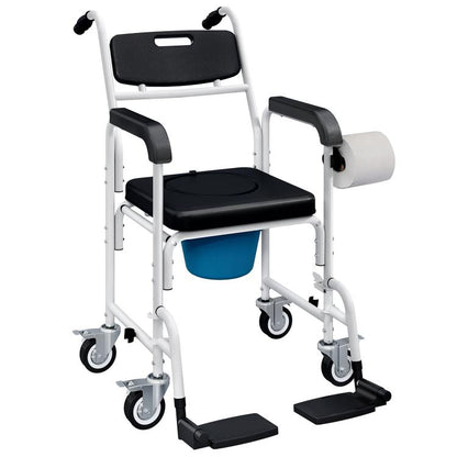 Rolling bedside commode chair with black seat, backrest, arms, and four caster wheels