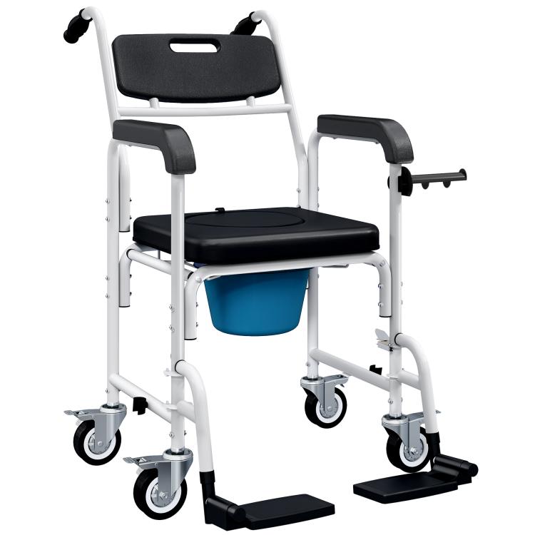 Rolling commode chair with black armrests, padded seat, backrest, and locking caster wheels