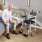 Rolling bedside commode chair with black seat, backrest, arms, and four caster wheels
