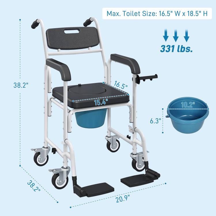 Rolling commode chair with black seat and backrest, blue waste pail, and caster wheels