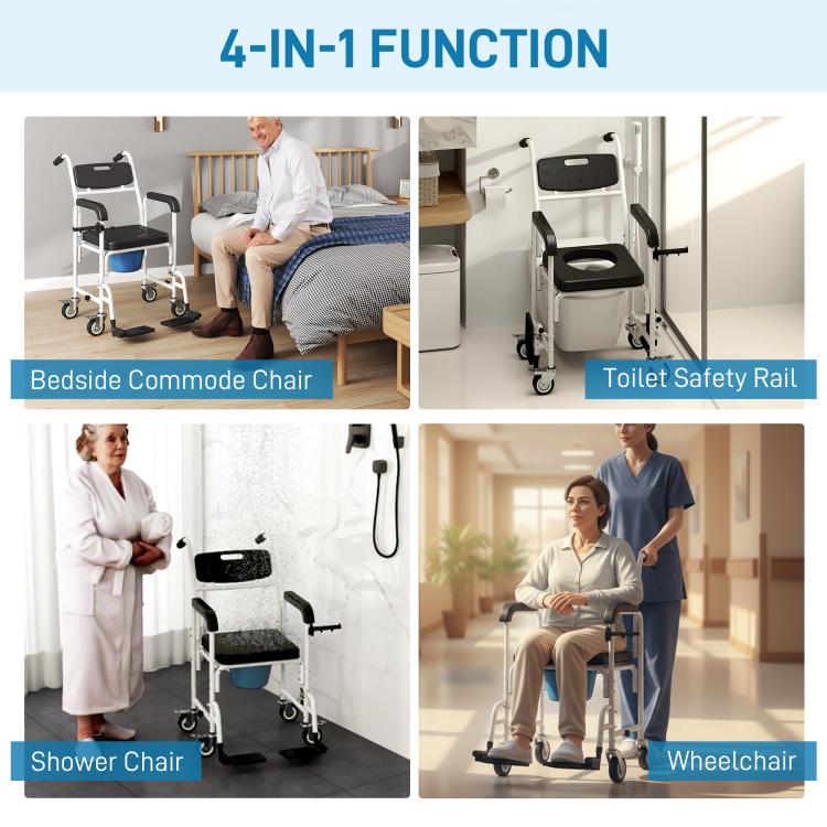 4-in-1 rolling commode chair with black seat, backrest, arms, and caster wheels