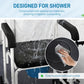Shower commode chair with waterproof black seat and backrest, arms, and caster frame