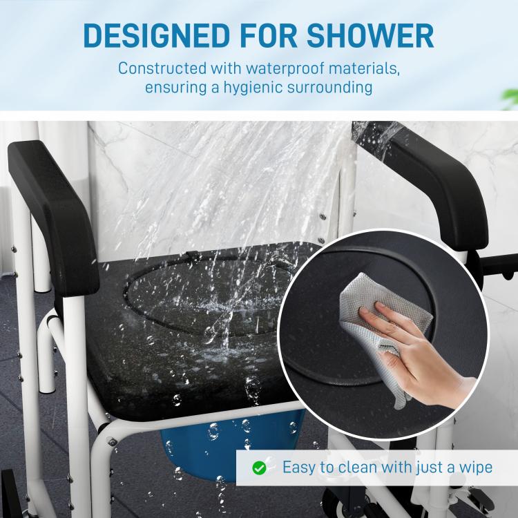 Shower commode chair with waterproof black seat and backrest, arms, and caster frame