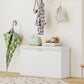 White shoe storage bench with padded seat cushion and flip drawer, entryway storage