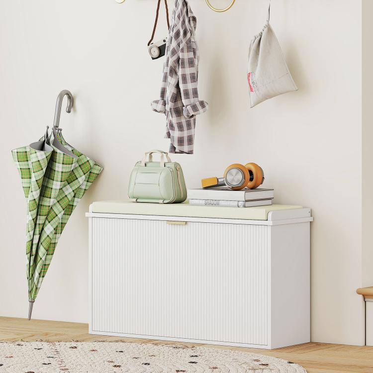White shoe storage bench with padded seat cushion and flip drawer, entryway storage