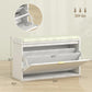 White shoe storage bench with padded seat and open flip drawer, side dimensions shown