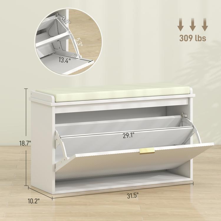 White shoe storage bench with padded seat and open flip drawer, side dimensions shown