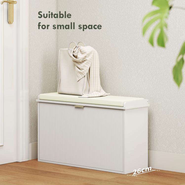 White shoe storage bench with padded seat cushion and flip drawer, small-space entryway