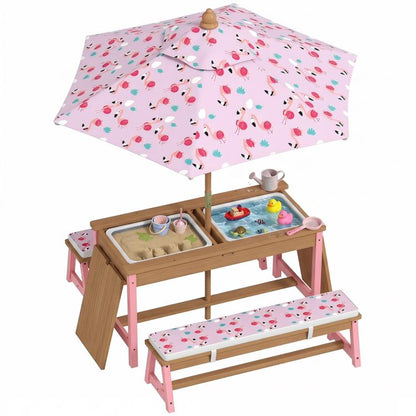 Kids picnic table set with pink flamingo-pattern umbrella, wooden table and benches
