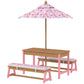 Pink flamingo-pattern umbrella over wooden kids picnic table with two benches