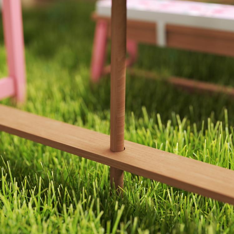 Kids picnic table with wooden tabletop and support legs, shown close-up
