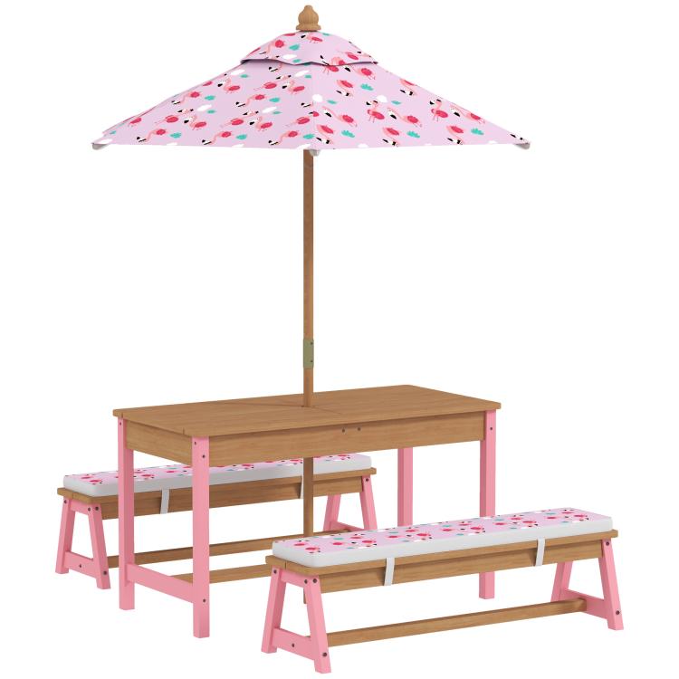 Kids picnic table set with pink frame, umbrella, and patterned bench cushions