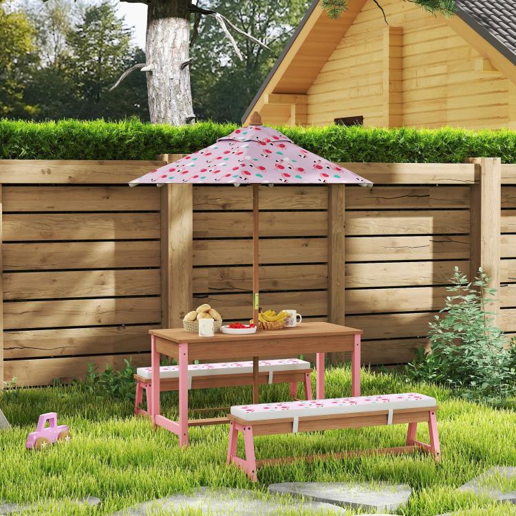 Kids patio play table set with pink flamingo umbrella and bench seating