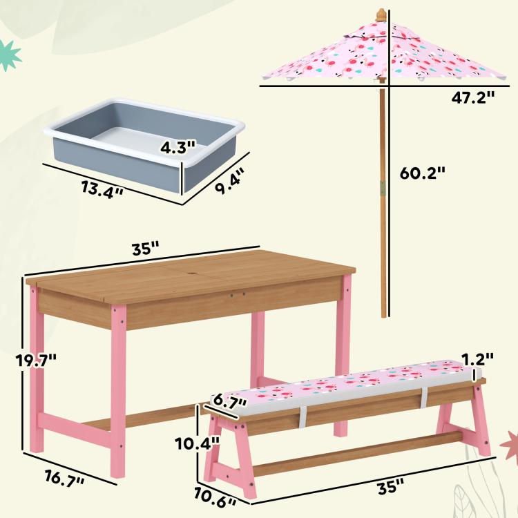 Kids patio table set with foldable umbrella shown with size diagram and accessories tray
