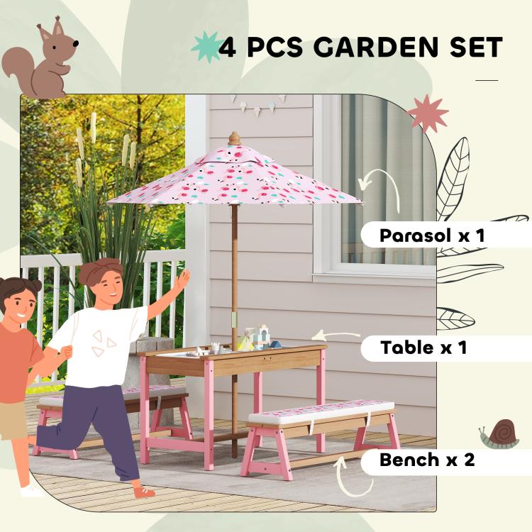 Kids patio set with pink table and benches under flamingo-pattern umbrella, 4-piece set