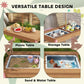Two-in-one kids table graphic showing picnic surface and storage tabletop