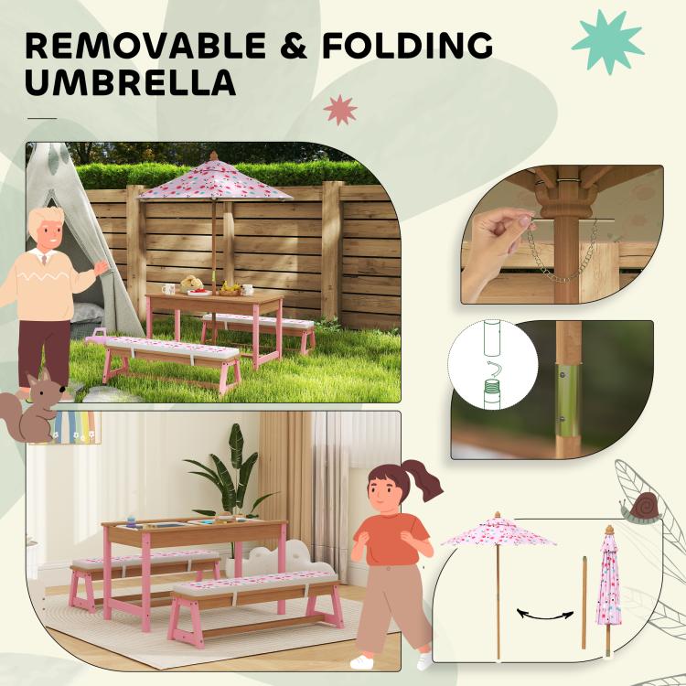 Removable and folding umbrella feature diagram for kids patio table set