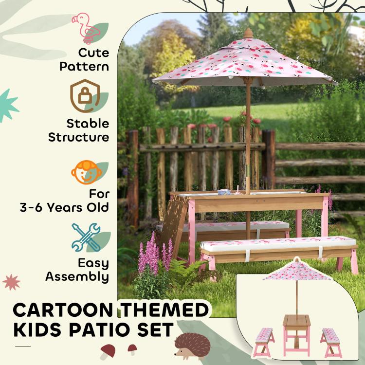 Kids patio set infographic featuring flamingo umbrella and stable frame design