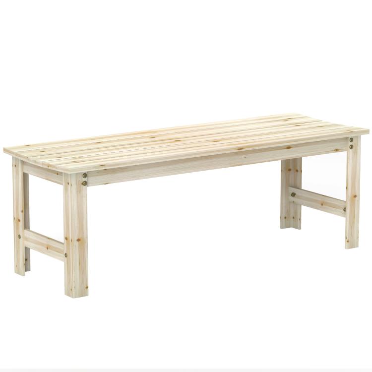 Backless 2-seat light wood outdoor bench with slatted seat and side rail supports