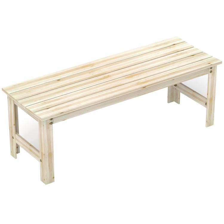 Light wood backless bench with slatted seat, two-seat outdoor design
