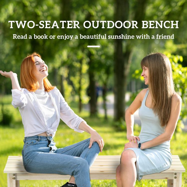 Light wood backless two-seat bench with slatted seat, two people sitting