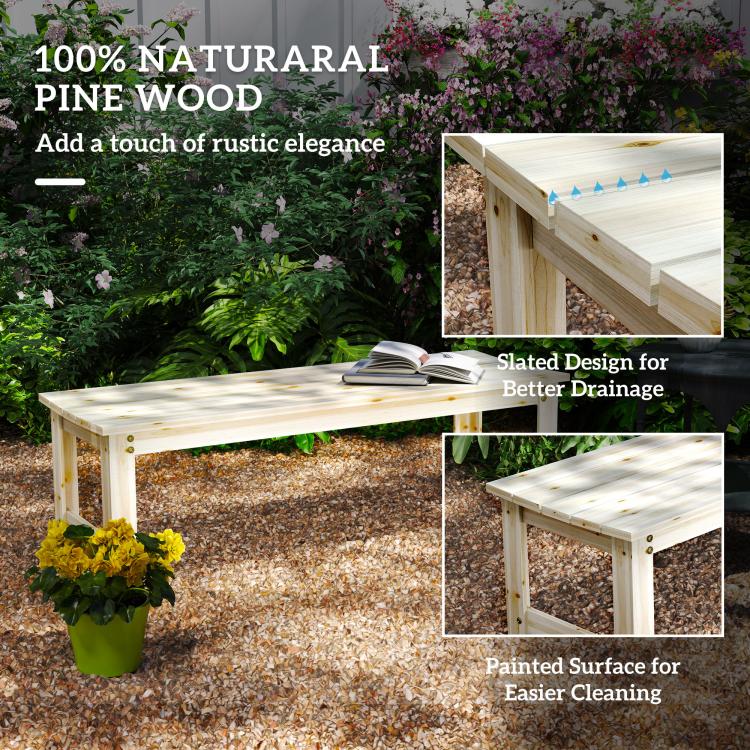 Pine wood backless bench with slatted seat, visible drainage gaps and side supports