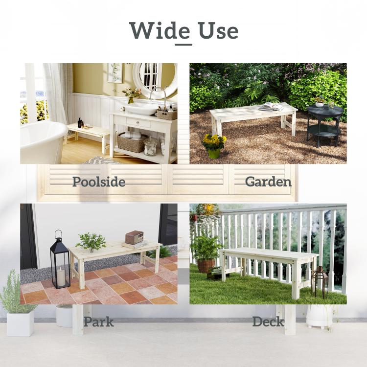 Backless 2-seat wood bench with slatted seat, shown in outdoor use settings