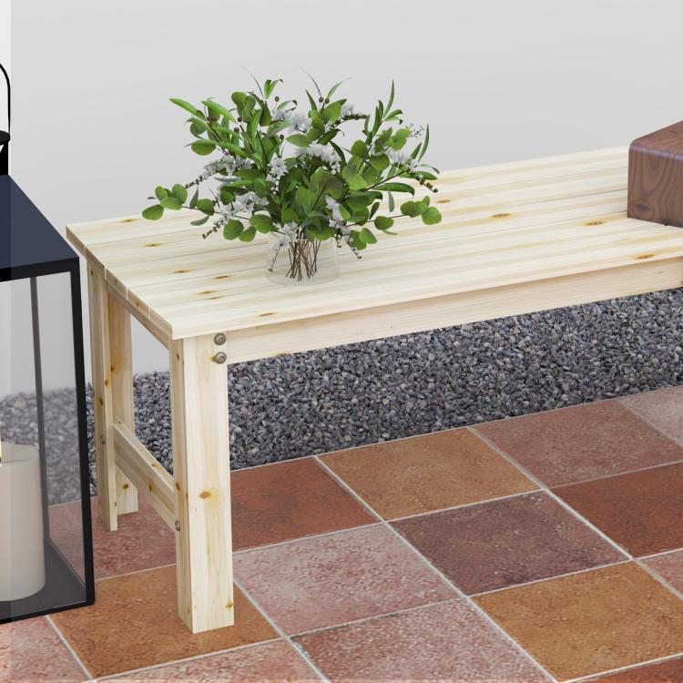 Light wood bench with slatted top, end frame, and vase of flowers on the seat
