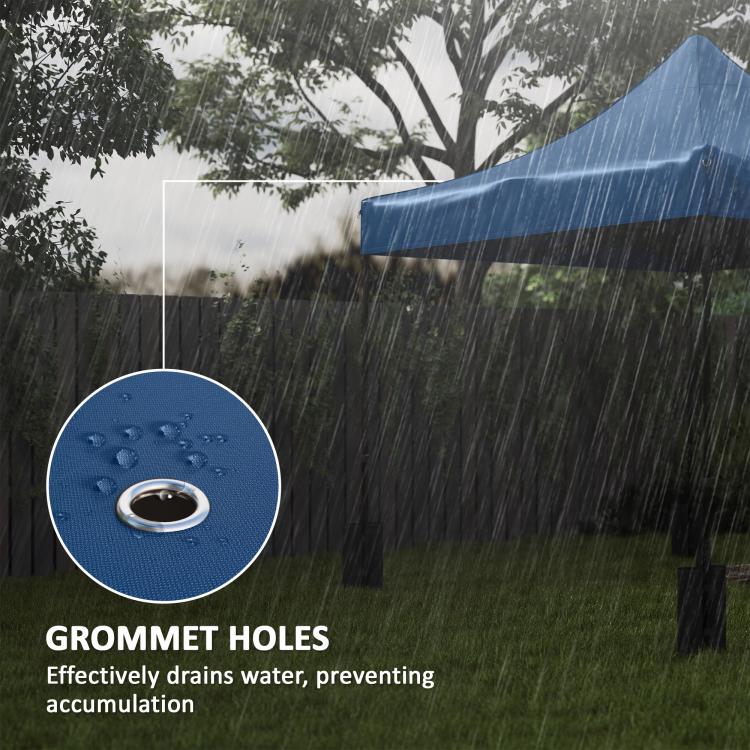 Navy canopy cover with grommet holes for fastening, close-up detail