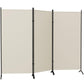 Light gray 3-panel folding privacy screen with black metal frame and curved bases