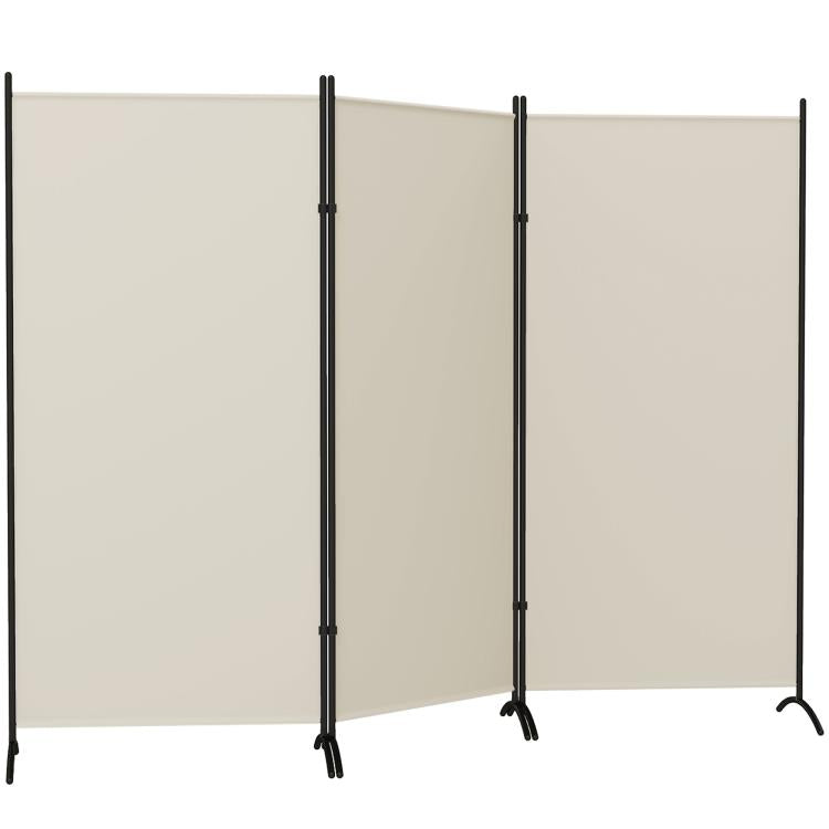 Light gray 3-panel folding privacy screen with black metal frame and curved bases