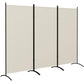 Light gray freestanding 3-panel privacy screen with hinged folding panels and arched legs