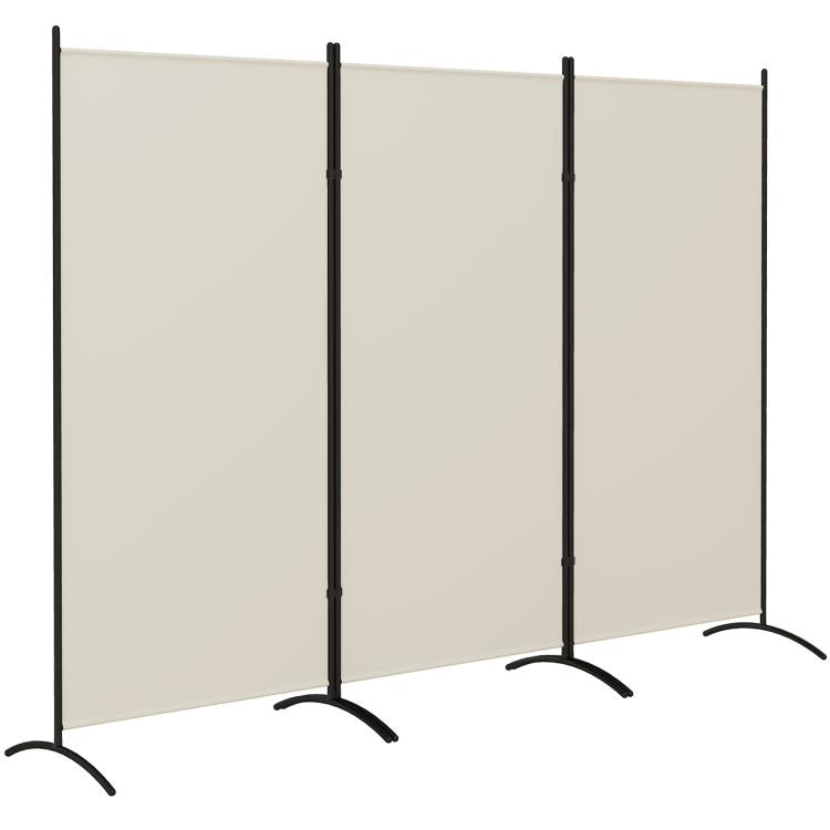 Light gray freestanding 3-panel privacy screen with hinged folding panels and arched legs