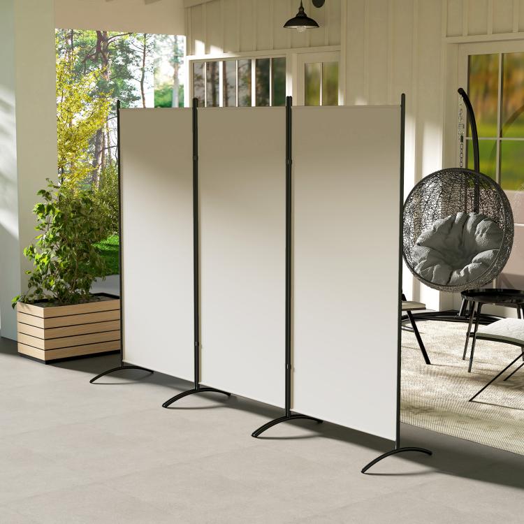 Light gray 3-panel room divider with black frame and wide curved floor bases