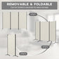 Removable folding room divider with three light gray panels and black support legs