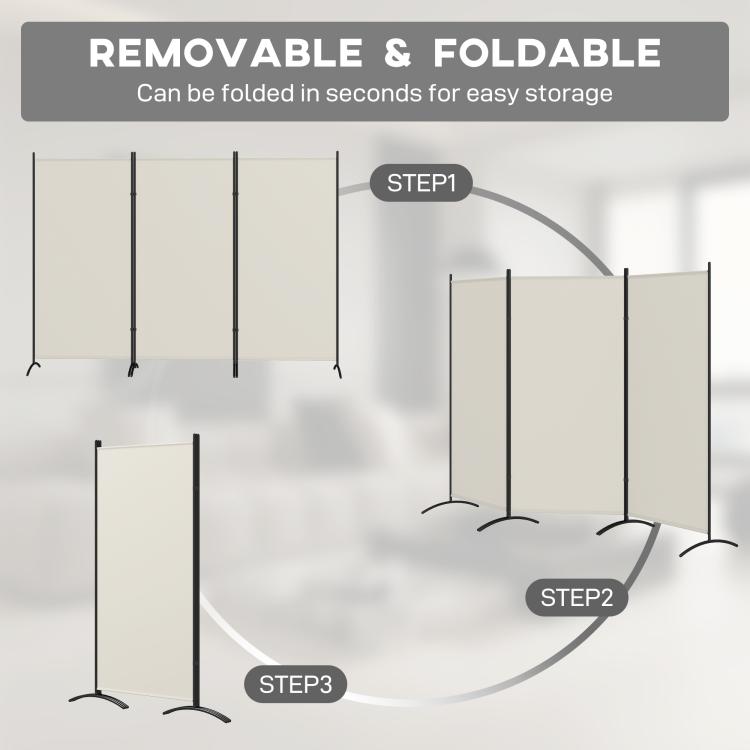 Removable folding room divider with three light gray panels and black support legs