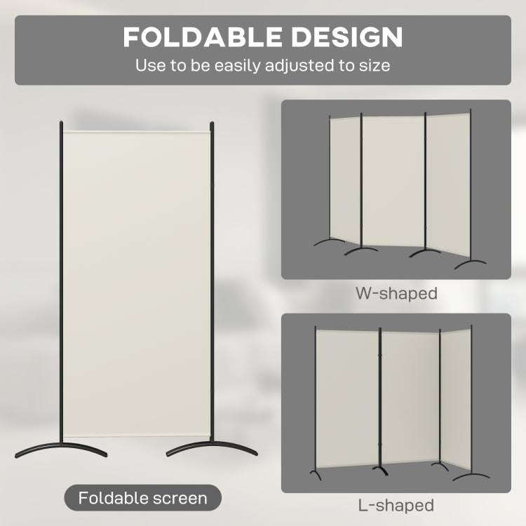 Foldable privacy screen with light gray panels, adjustable for W or L shapes