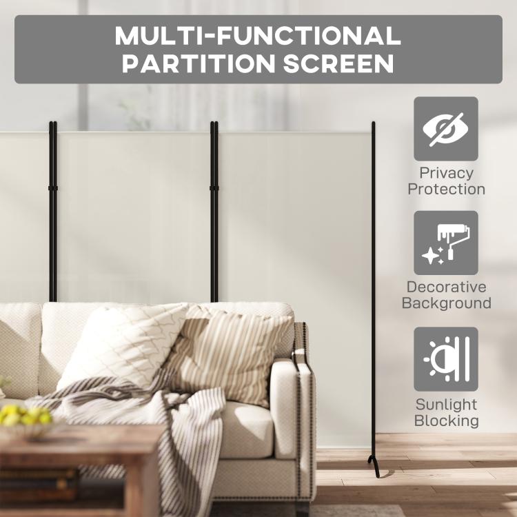 Multi-panel privacy partition with three light gray panels and black metal posts