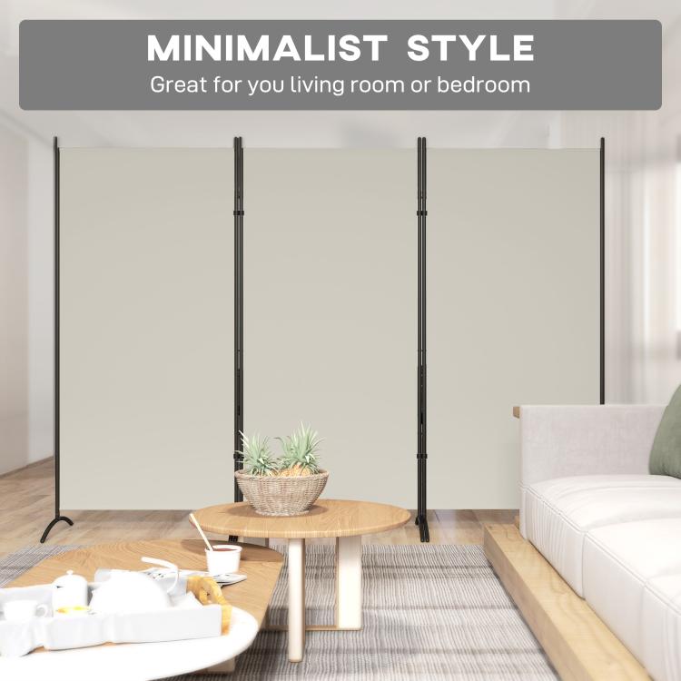 Minimalist three-panel room divider with light gray panels and black folding stands