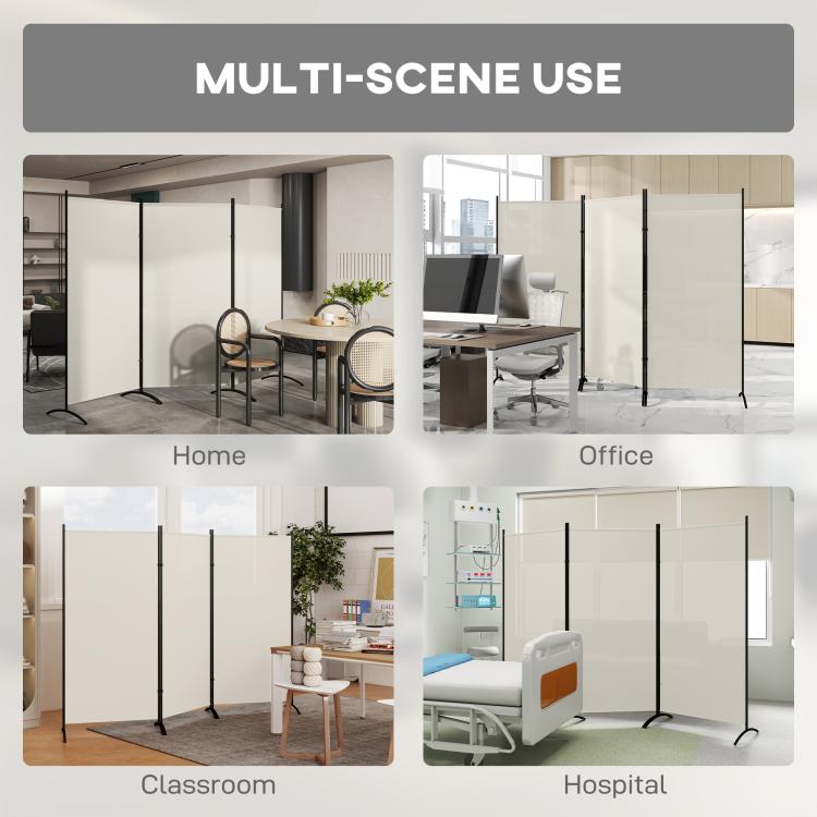 Multi-scene folding partition screen with three light gray panels and black frame