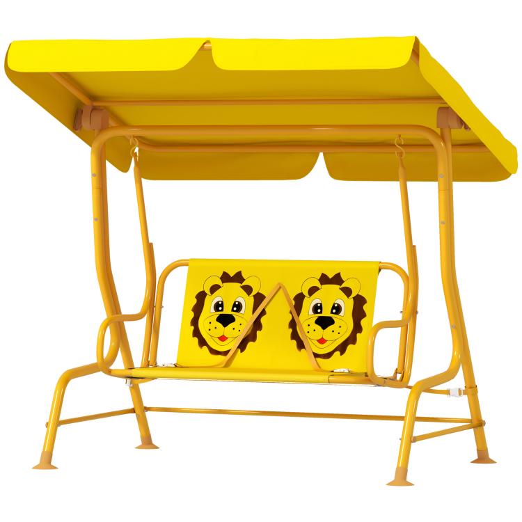 Yellow kids swing chair with canopy over two-seat frame and cartoon bear panel
