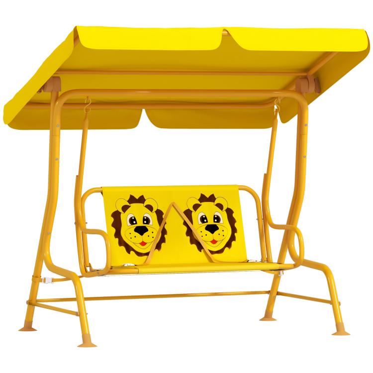 Yellow kids swing chair with canopy, cartoon panel seat and front safety bar