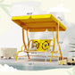 Yellow kids swing chair with adjustable canopy, shown with size measurements