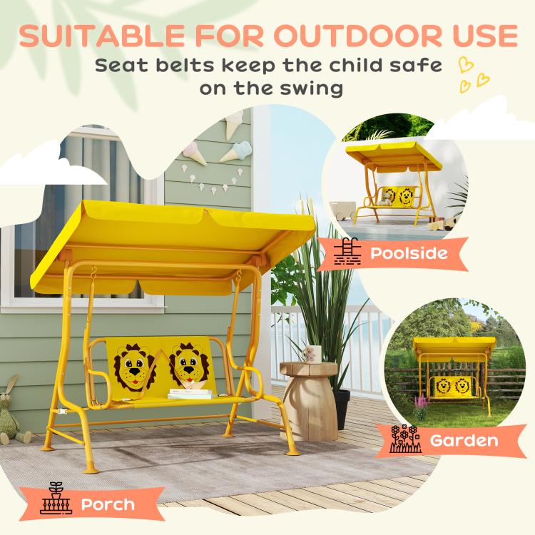 Yellow kids swing chair with seat belts for safe outdoor use