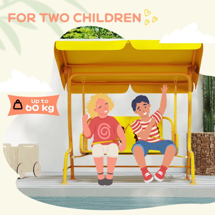 Yellow kids swing chair with seat for two children and safety belt