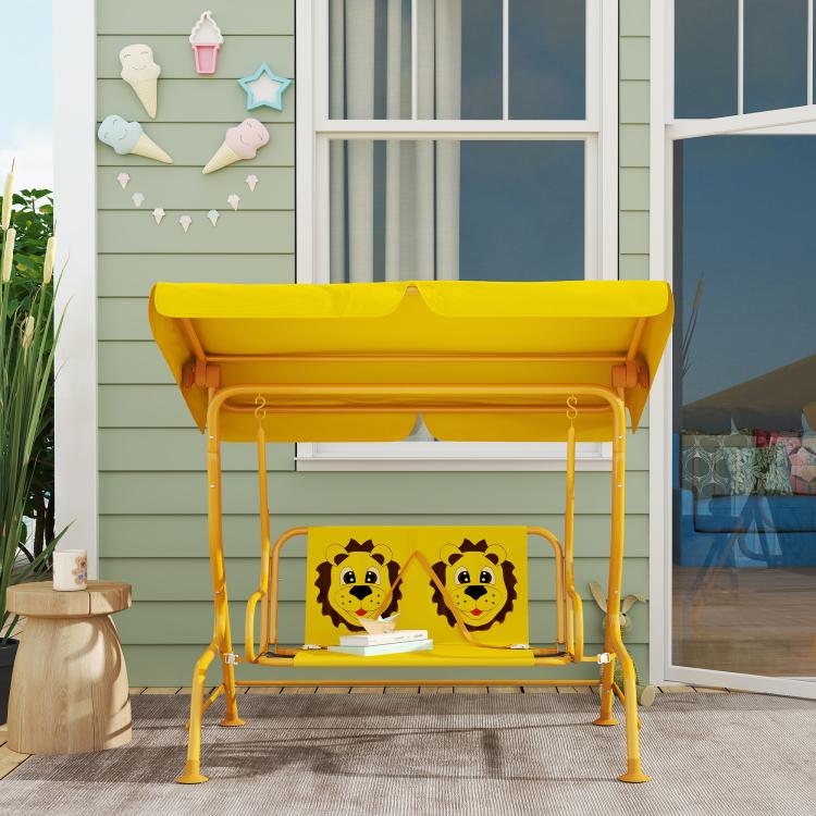 Yellow kids swing chair with cartoon bear seat panel and adjustable canopy